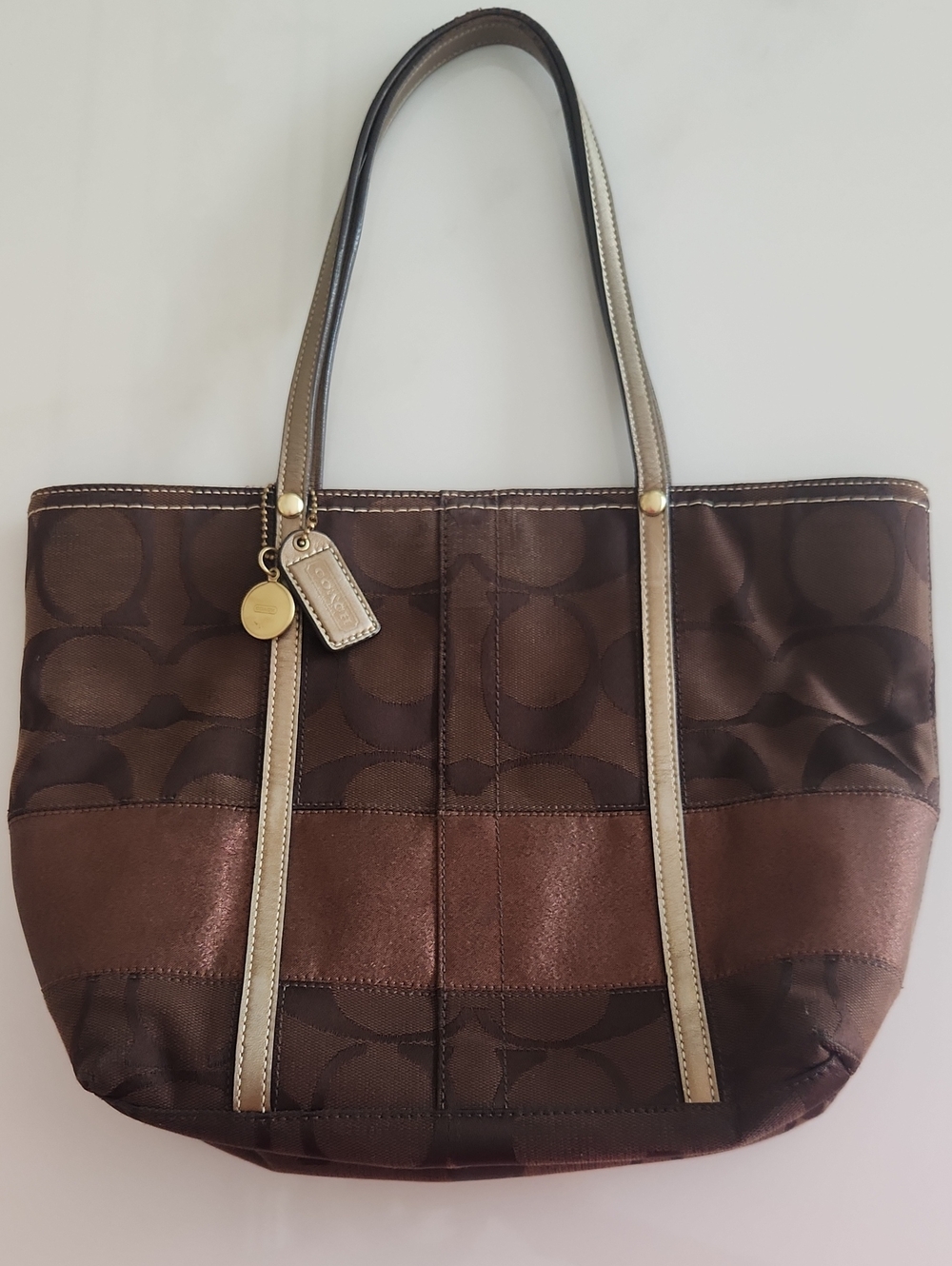 Coach Brown Signature Stripe Tote with Metallic Trim. Perfect Fall Bag!